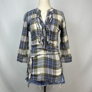 Y2K Hollister Plaid Henley‎ Top XS Womens Ruffles Waist Tie Tunic